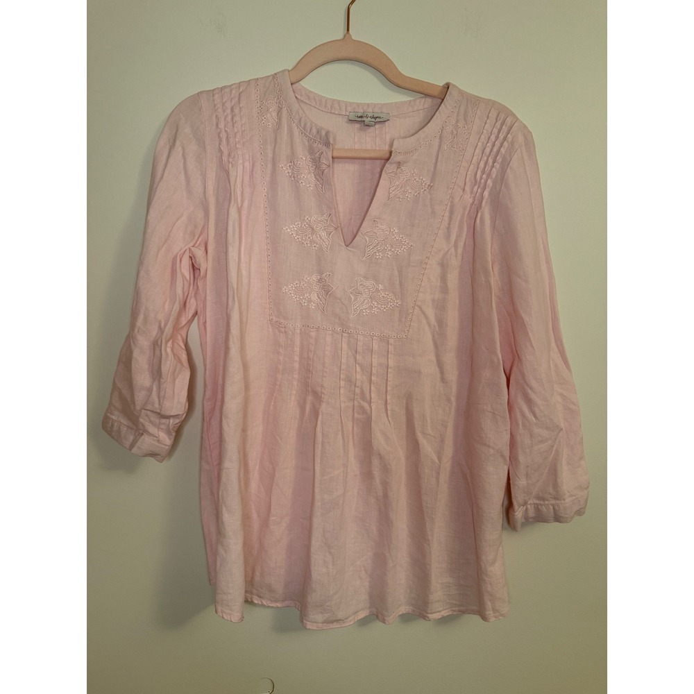 Rose & Thyme Pink Linen Blend Embroidered Pintuck Tunic Top Womens Size M